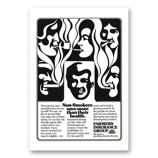 1978 Farmers Insurance Non Smokers Vintage Magazine Print Ad