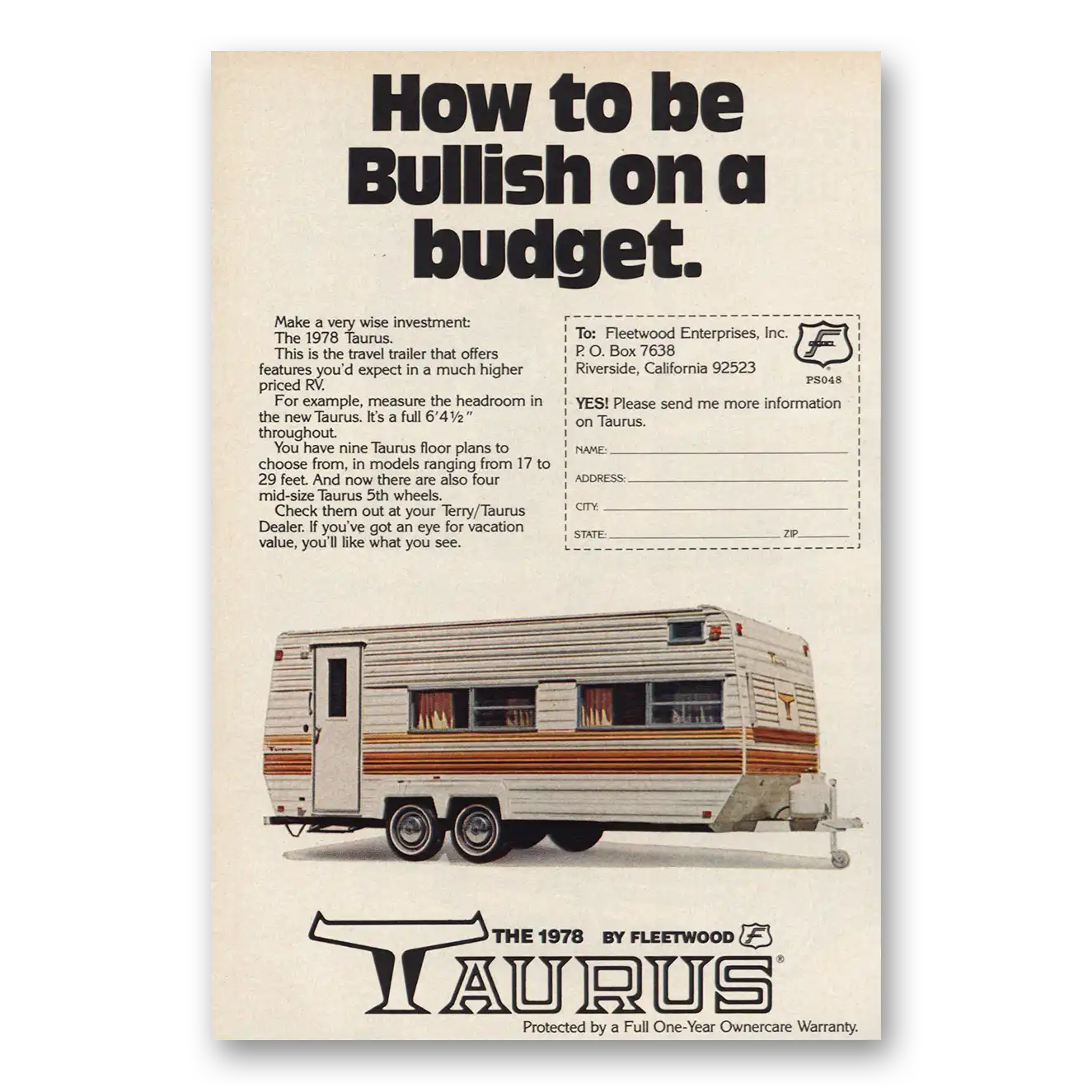 1978 Fleetwood Taurus RV Bullish On a Budget Vintage Magazine Print Ad