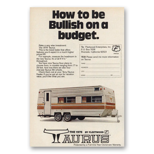 1978 Fleetwood Taurus RV Bullish On a Budget Vintage Magazine Print Ad