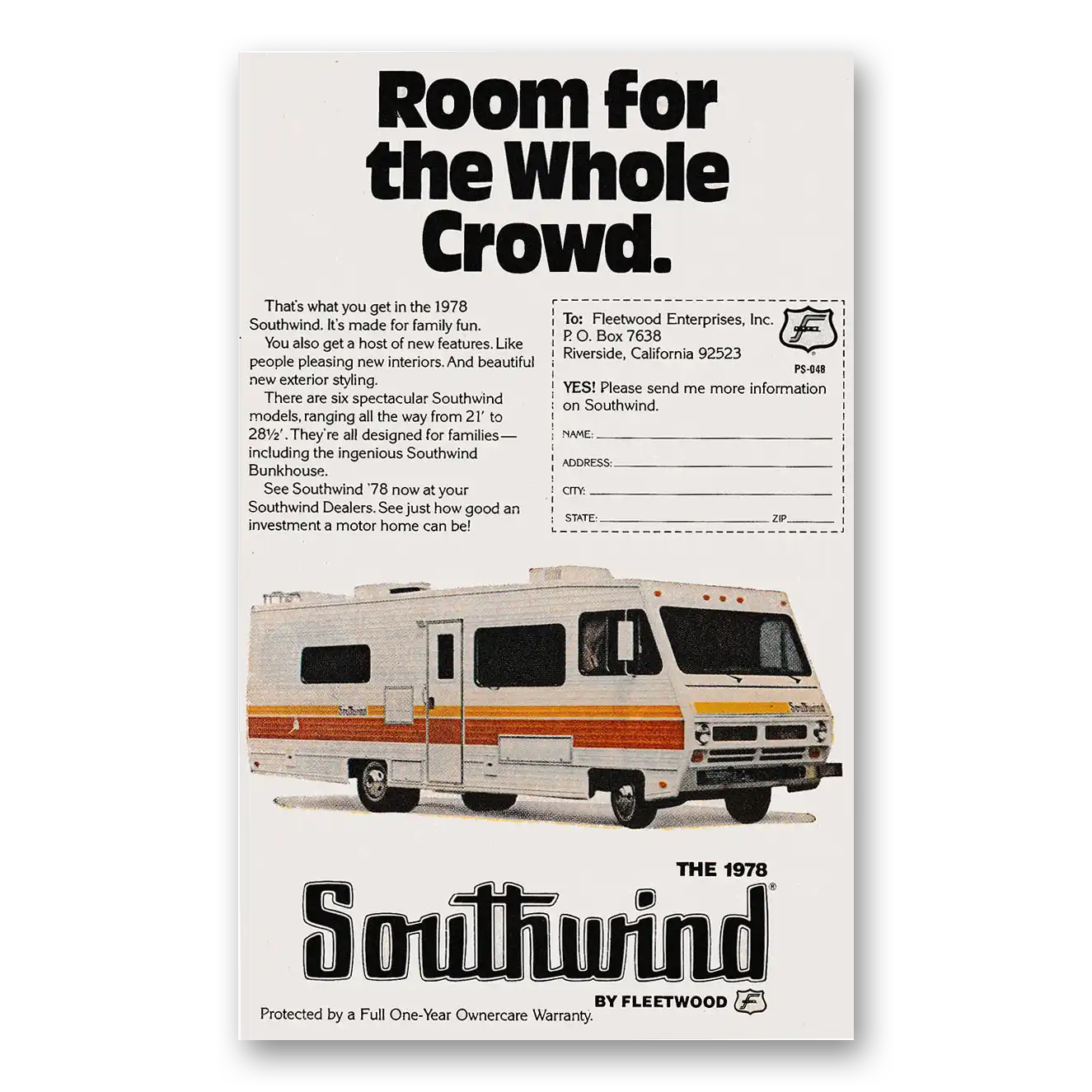 1978 Fleetwood Southwind RV Room For the Whole Crowd Vintage Magazine Print Ad