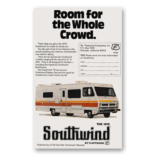 1978 Fleetwood Southwind RV Room For the Whole Crowd Vintage Magazine Print Ad