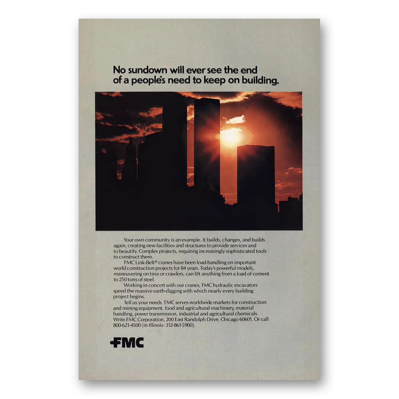 1978 FMC Corporation World Trade Center Sundown Vintage Magazine Print Ad