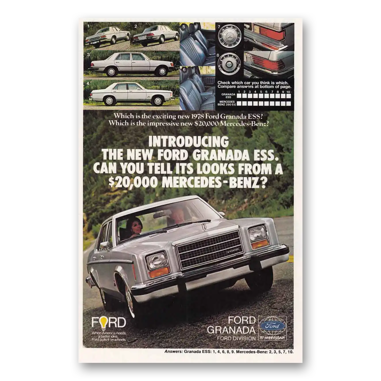 1977 Ford Granada ESS Mercedes Benz Vintage Magazine Print Ad