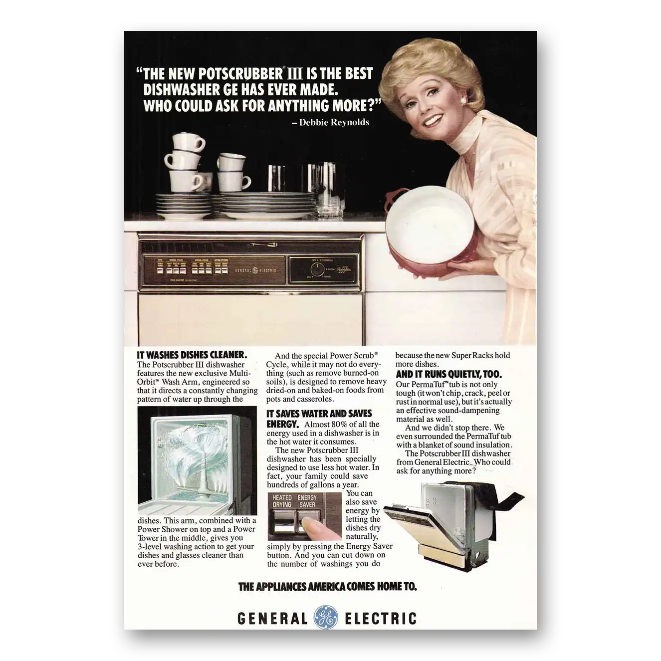 1978 General Electric Dishwasher Potscrubber III Debbie Reynolds Vintage Magazine Print Ad