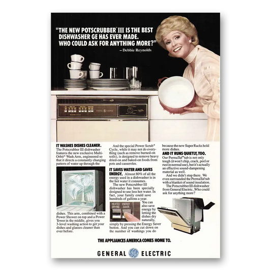 1978 General Electric Dishwasher Potscrubber III Debbie Reynolds Vintage Magazine Print Ad