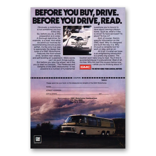 1978 GMC Motor Home Before You Buy Drive Vintage Magazine Print Ad