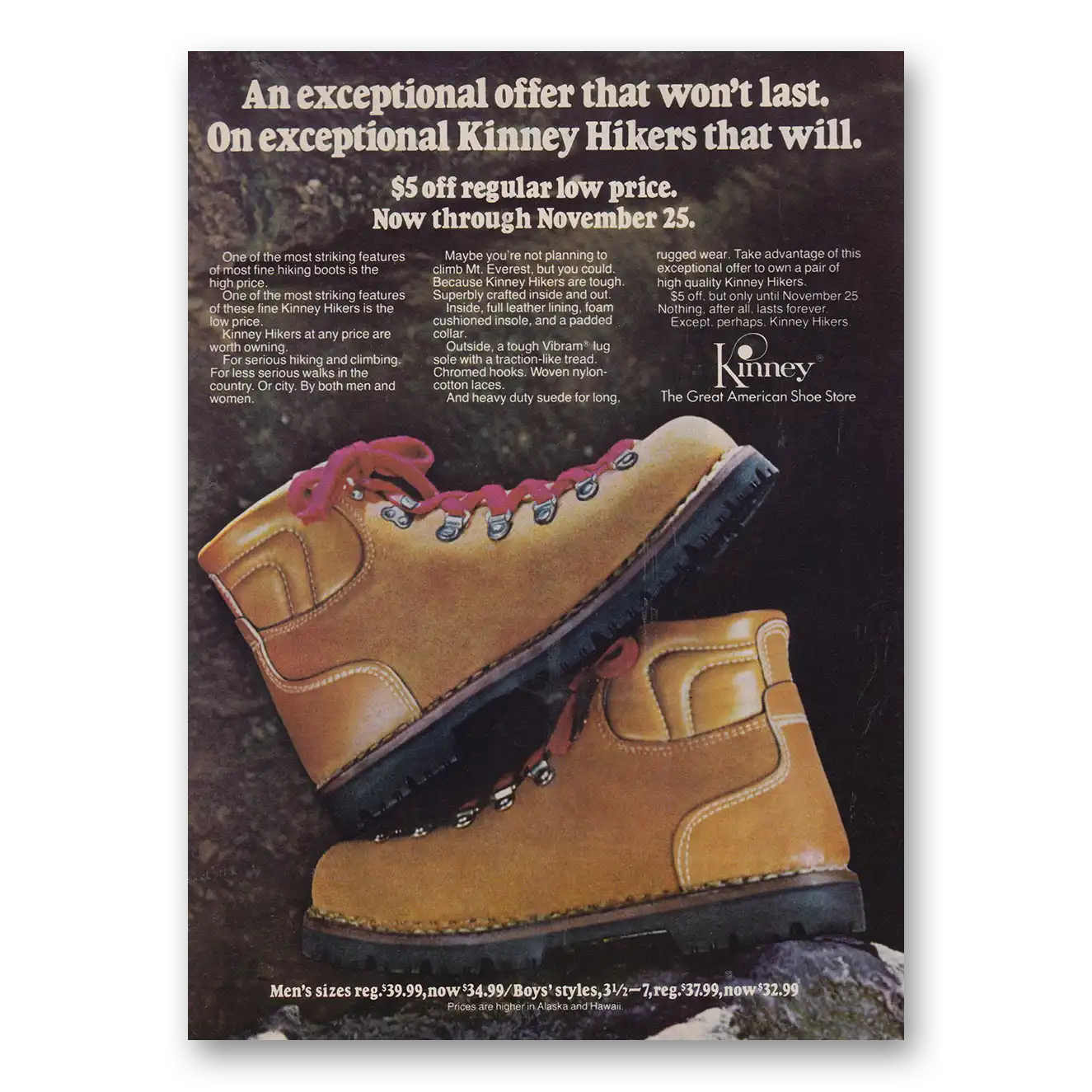 1978 Kinney Shoes Exceptional Kinney Hikers Vintage Magazine Print Ad