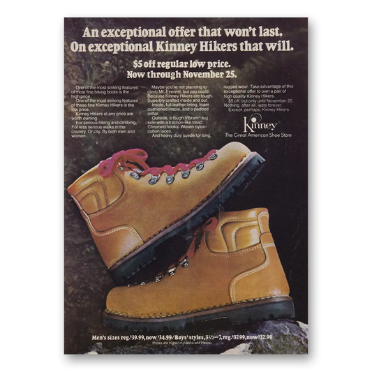 1978 Kinney Shoes Exceptional Kinney Hikers Vintage Magazine Print Ad