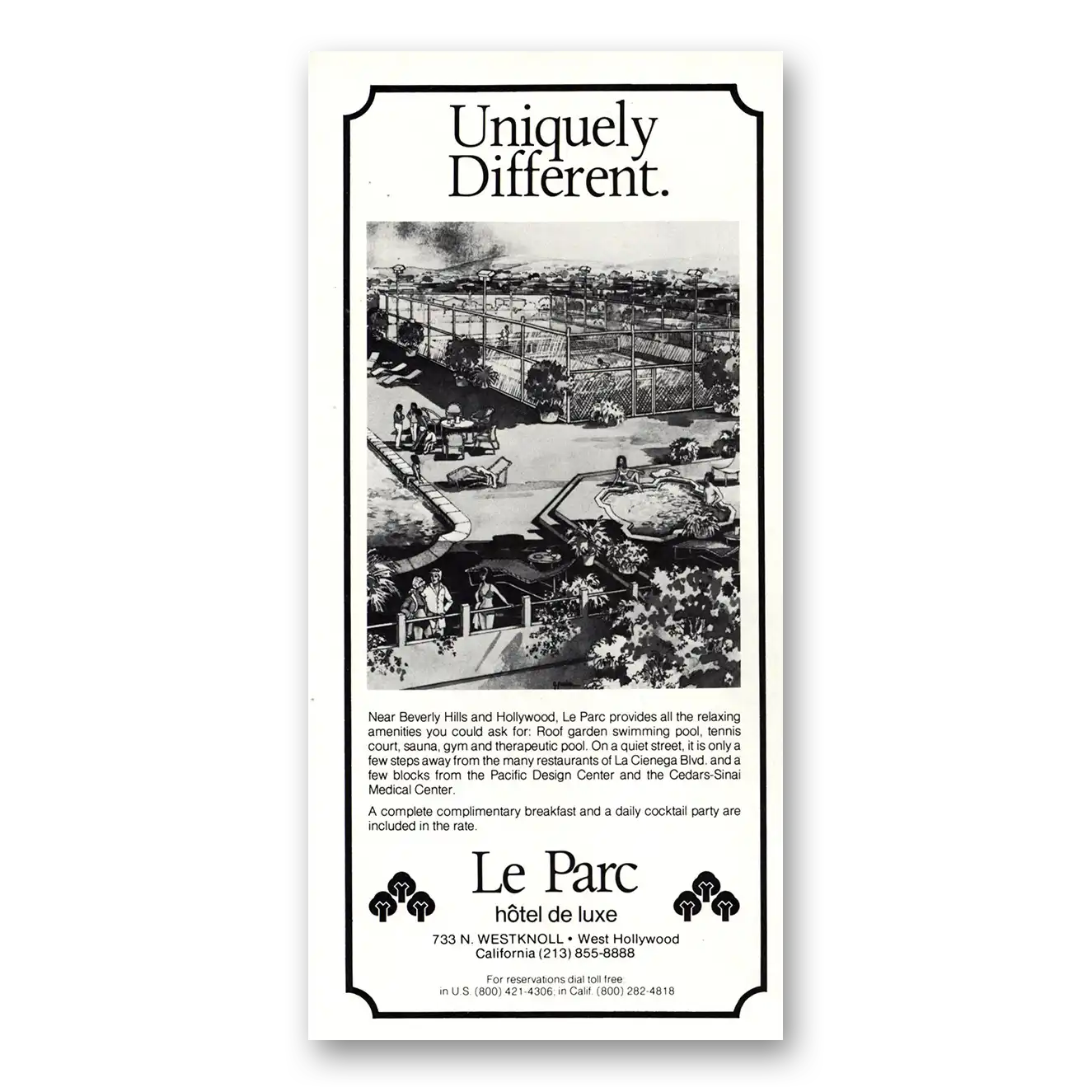 1978 Le Parc Hotel de Luxe West Hollywood Uniquely Different Vintage Magazine Print Ad