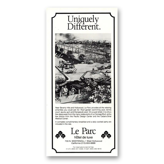 1978 Le Parc Hotel de Luxe West Hollywood Uniquely Different Vintage Magazine Print Ad