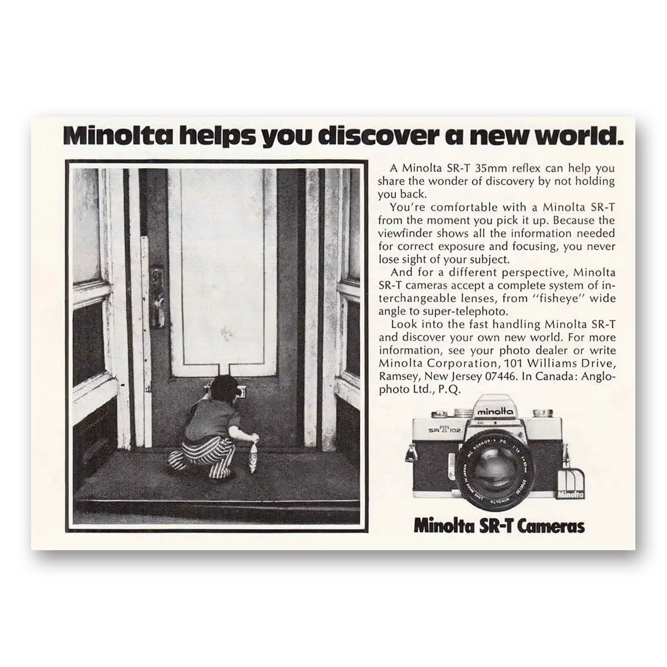 1978 Minolta SRT Camera Discover a New World Vintage Magazine Print Ad