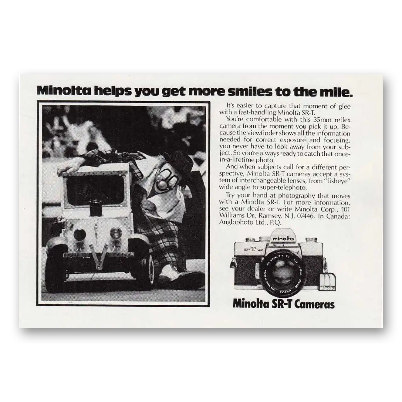 1978 Minolta SRT Camera Clown More Smiles to the Mi Vintage Magazine Print Ad