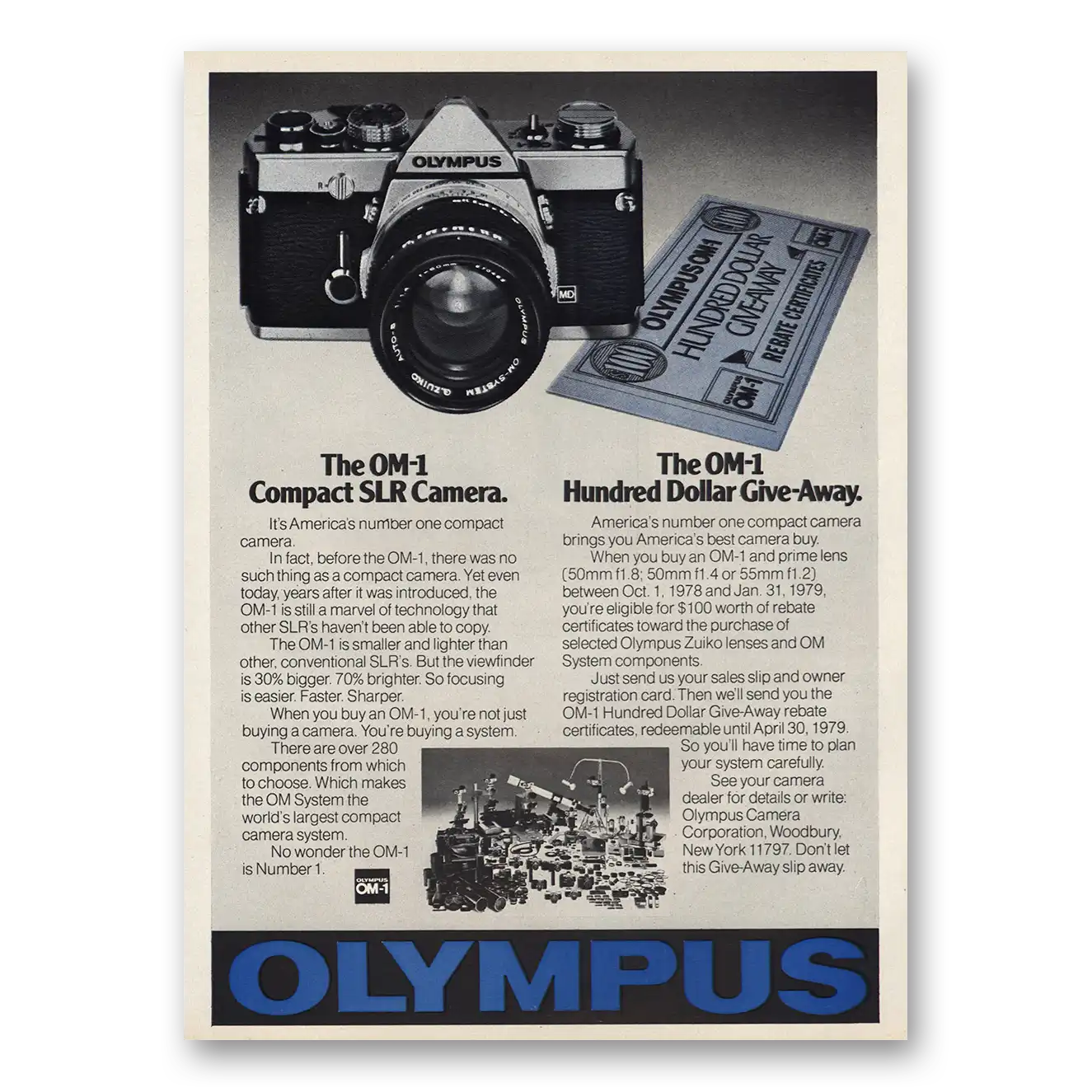 1978 Olympus Camera Compact SLR Hundred Dollar Give Away Vintage Magazine Print Ad