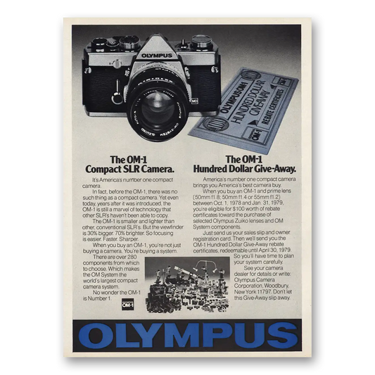 1978 Olympus Camera Compact SLR Hundred Dollar Give Away Vintage Magazine Print Ad