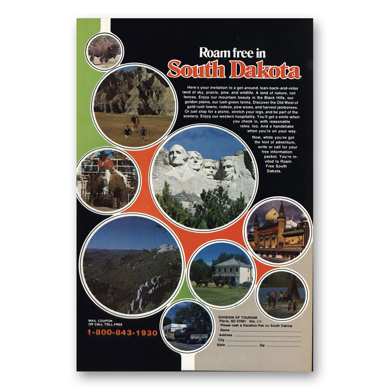 1978 South Dakota Roam Free Vintage Magazine Print Ad