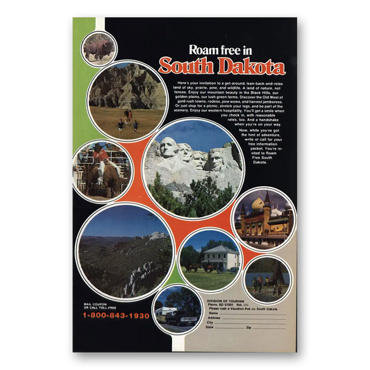 1978 South Dakota Roam Free Vintage Magazine Print Ad