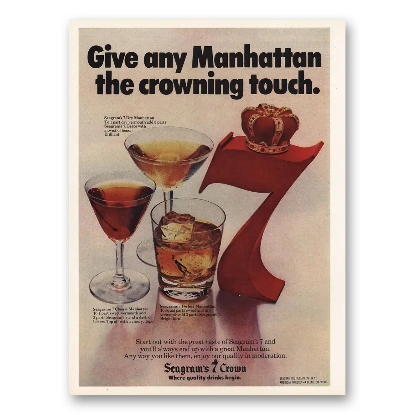 1978 Seagrams 7 Crown Whiskey Give Any Manhattan Crowning Touch Vintage Magazine Print Ad