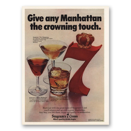 1978 Seagrams 7 Crown Whiskey Give Any Manhattan Crowning Touch Vintage Magazine Print Ad