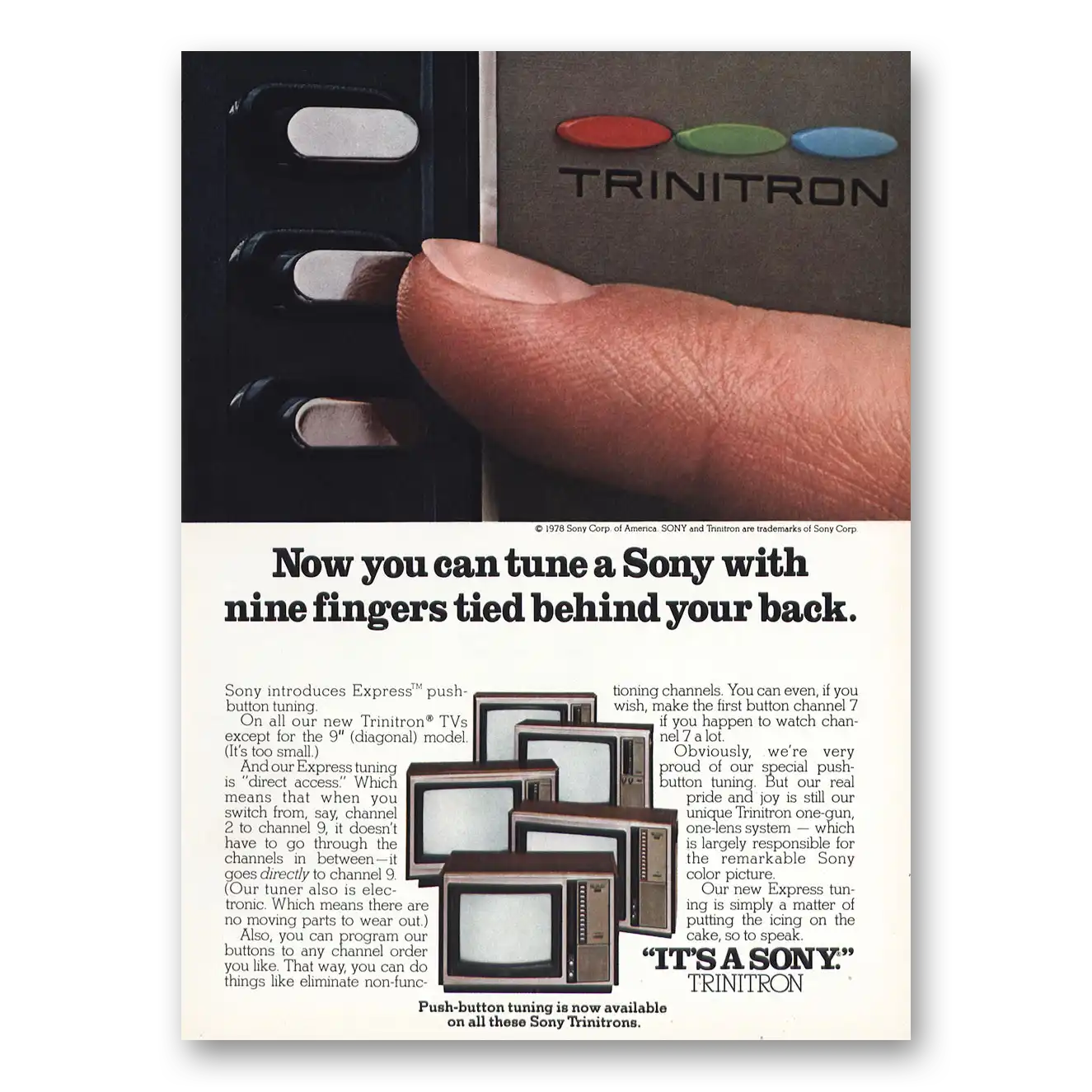 1978 Sony Trinitron Tune a Sony With Nine Fingers Vintage Magazine Print Ad