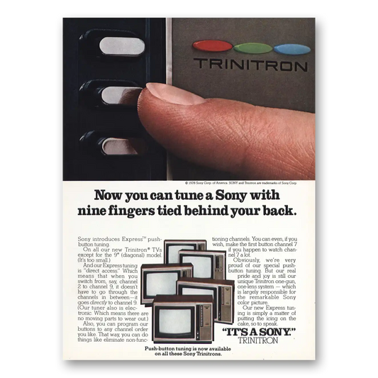 1978 Sony Trinitron Tune a Sony With Nine Fingers Vintage Magazine Print Ad