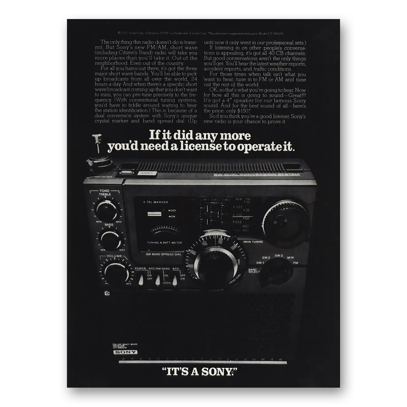 1978 Sony Radio CB Radio Need a License to Operate It Vintage Magazine Print Ad