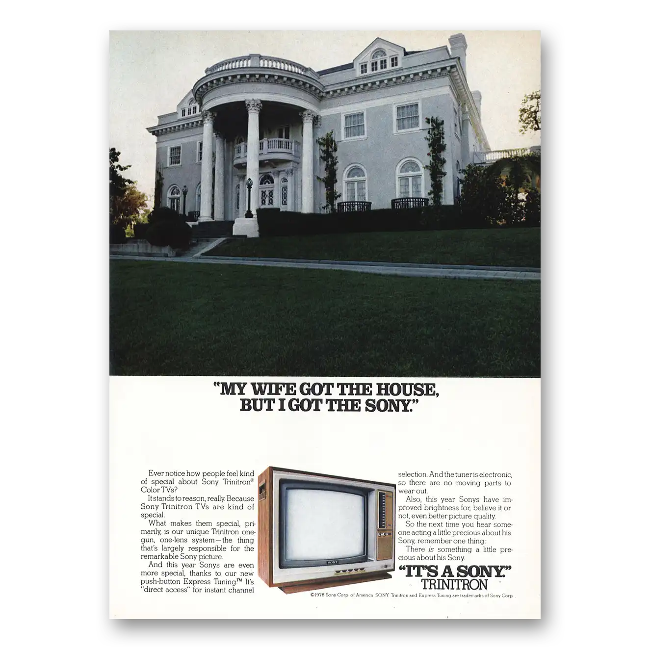 1978 Sony Trinitron My Wife Got the House I Got the Sony Vintage Magazine Print Ad