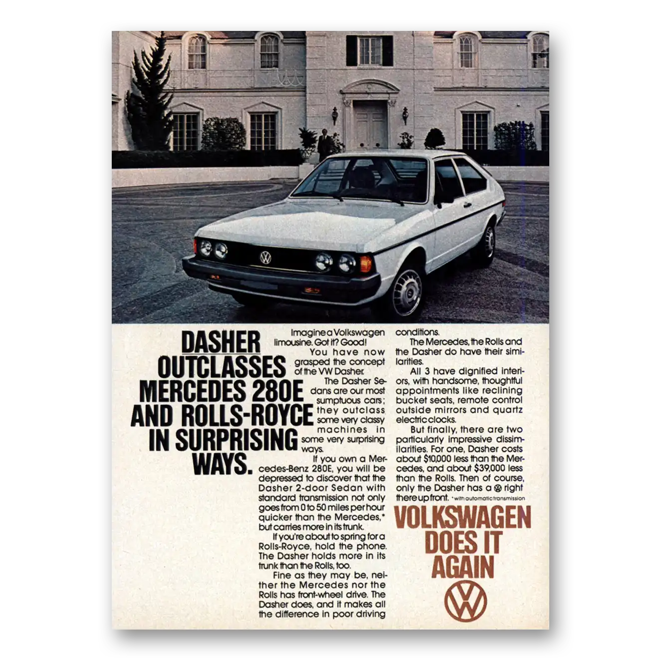 1978 Volkswagen Dasher Outclasses Mercedes 280E Vintage Magazine Print Ad