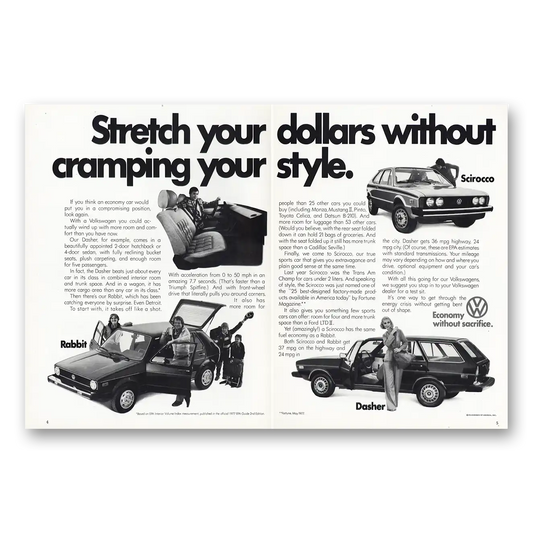 1977 Volkswagen Rabbit Stretch Your Dollars Without Cramping Vintage Magazine Print Ad