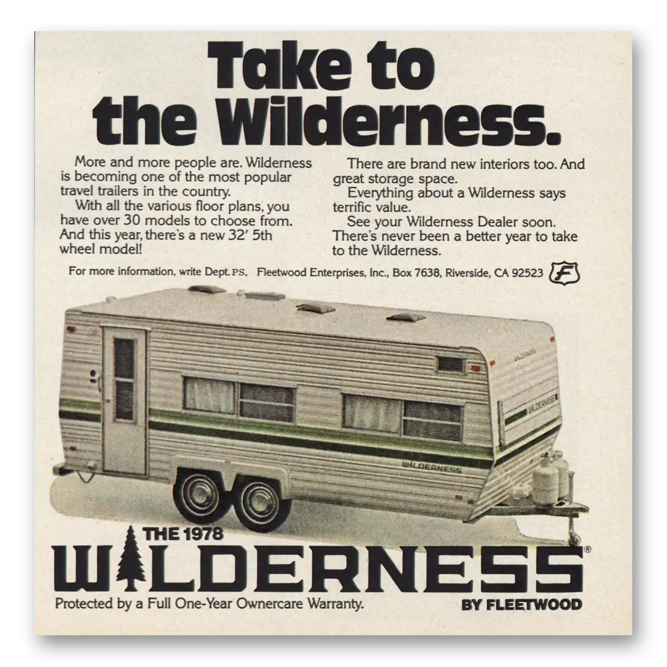 1977 Fleetwood Wilderness RV Take to the Wilderness Vintage Magazine Print Ad