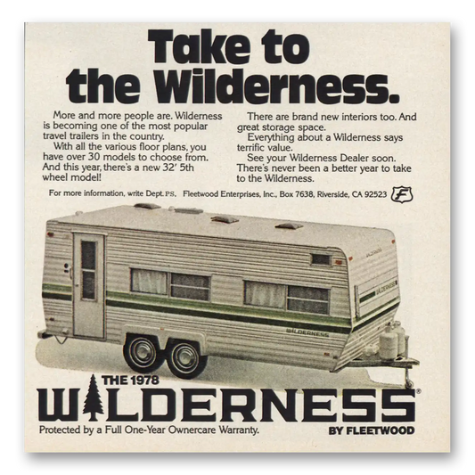 1977 Fleetwood Wilderness RV Take to the Wilderness Vintage Magazine Print Ad