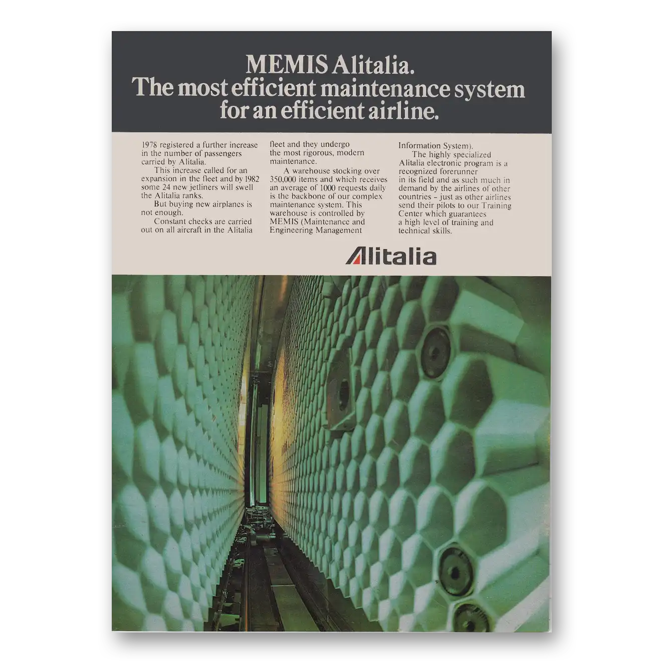 1979 Alitalia Airlines MEMIS Alitalia Most Efficient Maintenance System Vintage Magazine Print Ad