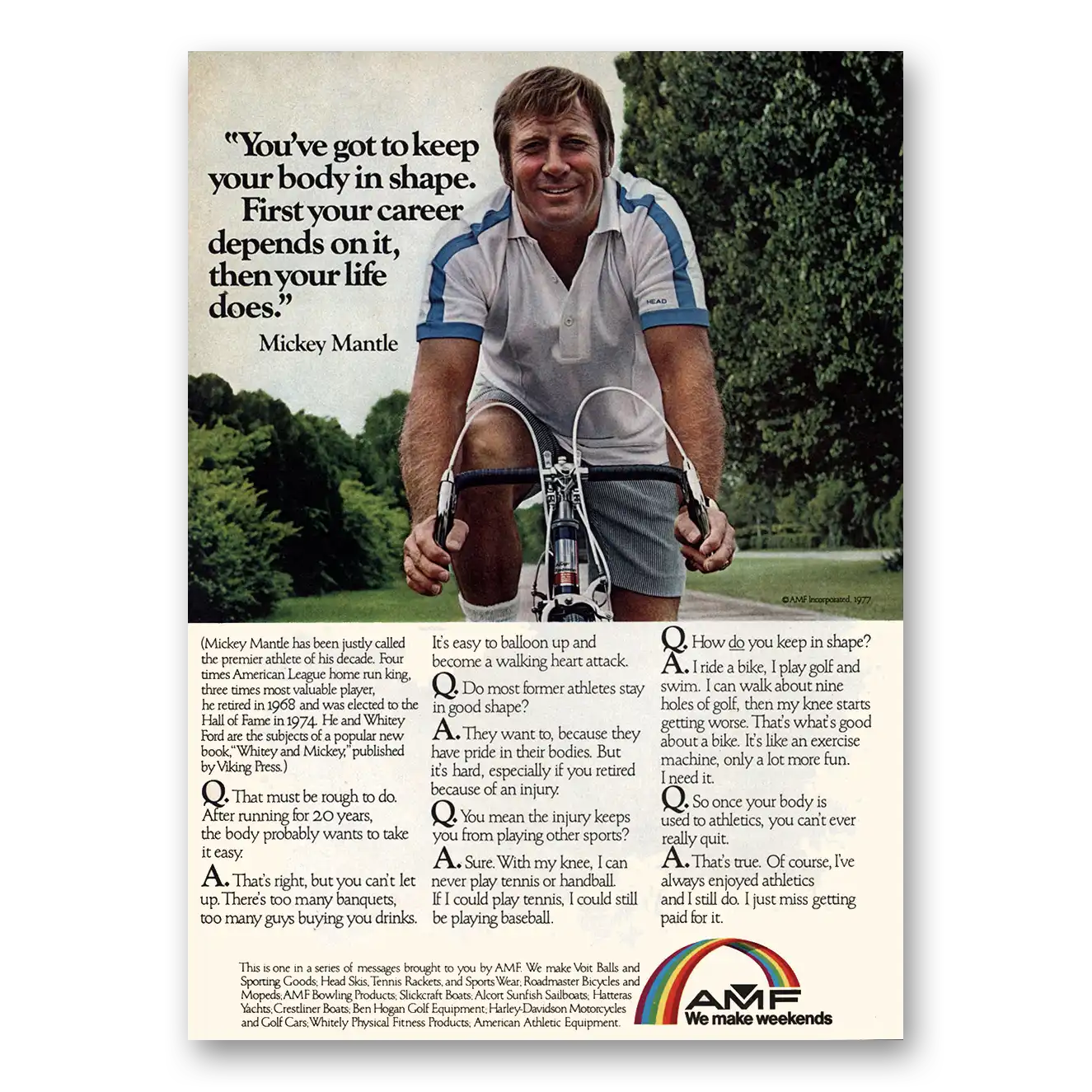 1979 AMF Bicycles Mickey Mantle Keep Your Body in Shape Vintage Magazine Print Ad