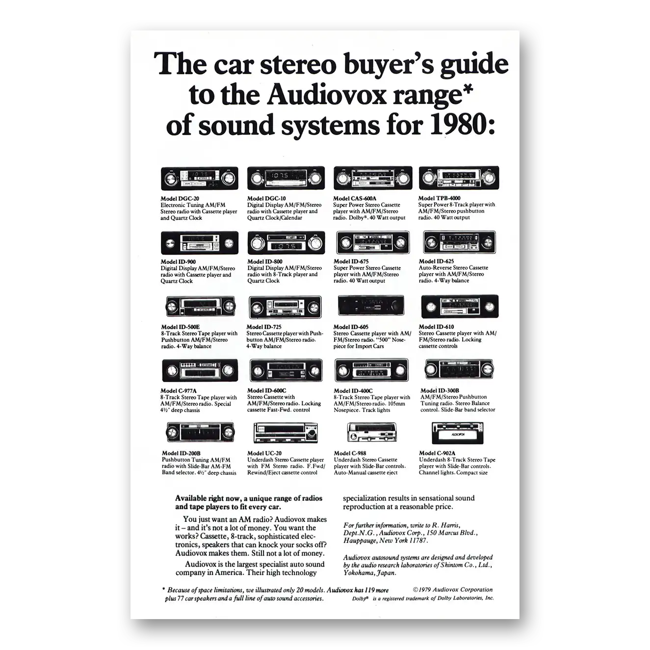 1980 Audiovox Car Stereo Buyers Guide Vintage Magazine Print Ad