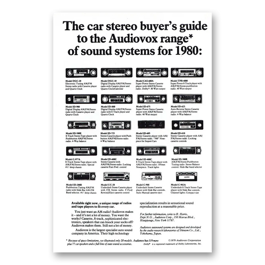 1980 Audiovox Car Stereo Buyers Guide Vintage Magazine Print Ad