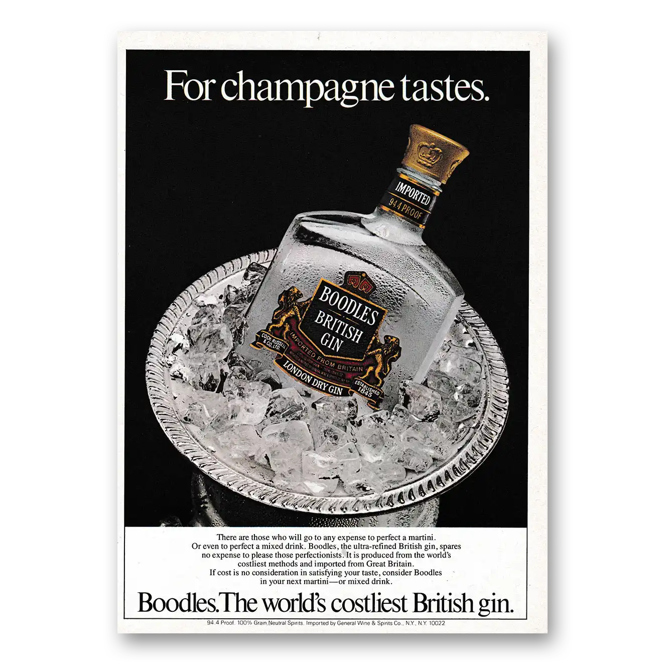 1979 Boodles British Gin For Champagne Tastes Vintage Magazine Print Ad