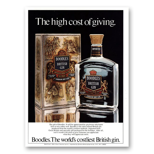 1979 Boodles British Gin High Cost of Giving Vintage Magazine Print Ad