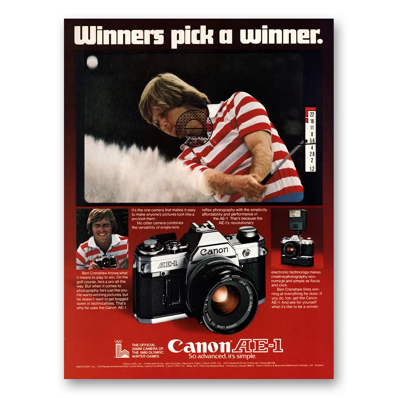 1979 Canon Camera AE1 Camera Winners Pick a Winner Ben Crenshaw Vintage Magazine Print Ad