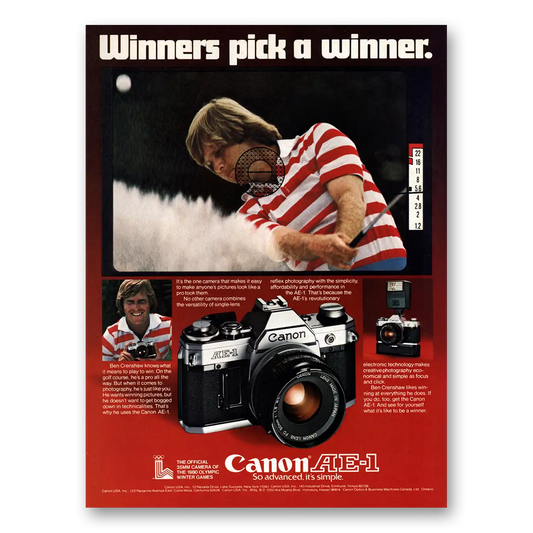 1979 Canon Camera AE1 Camera Winners Pick a Winner Ben Crenshaw Vintage Magazine Print Ad