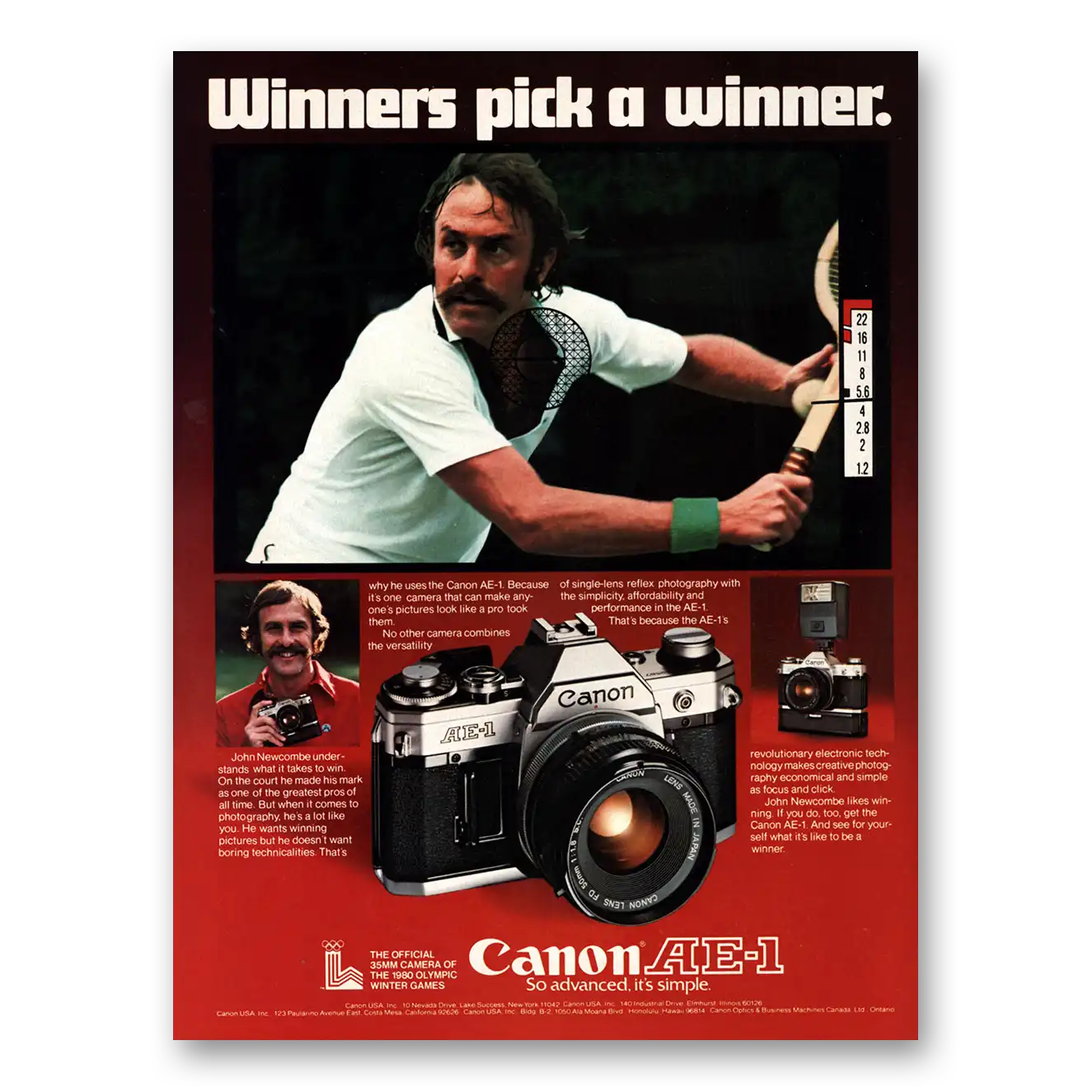 1979 Canon Camera AE1 Camera Winners Pick a Winner John Newcombe Vintage Magazine Print Ad