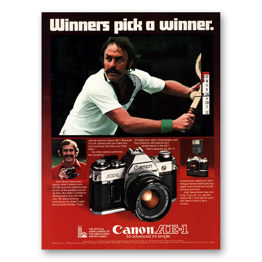 1979 Canon Camera AE1 Camera Winners Pick a Winner John Newcombe Vintage Magazine Print Ad