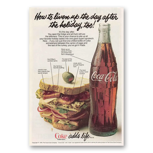 1979 Coca Cola Liven Up the Day After the Holiday Too Vintage Magazine Print Ad