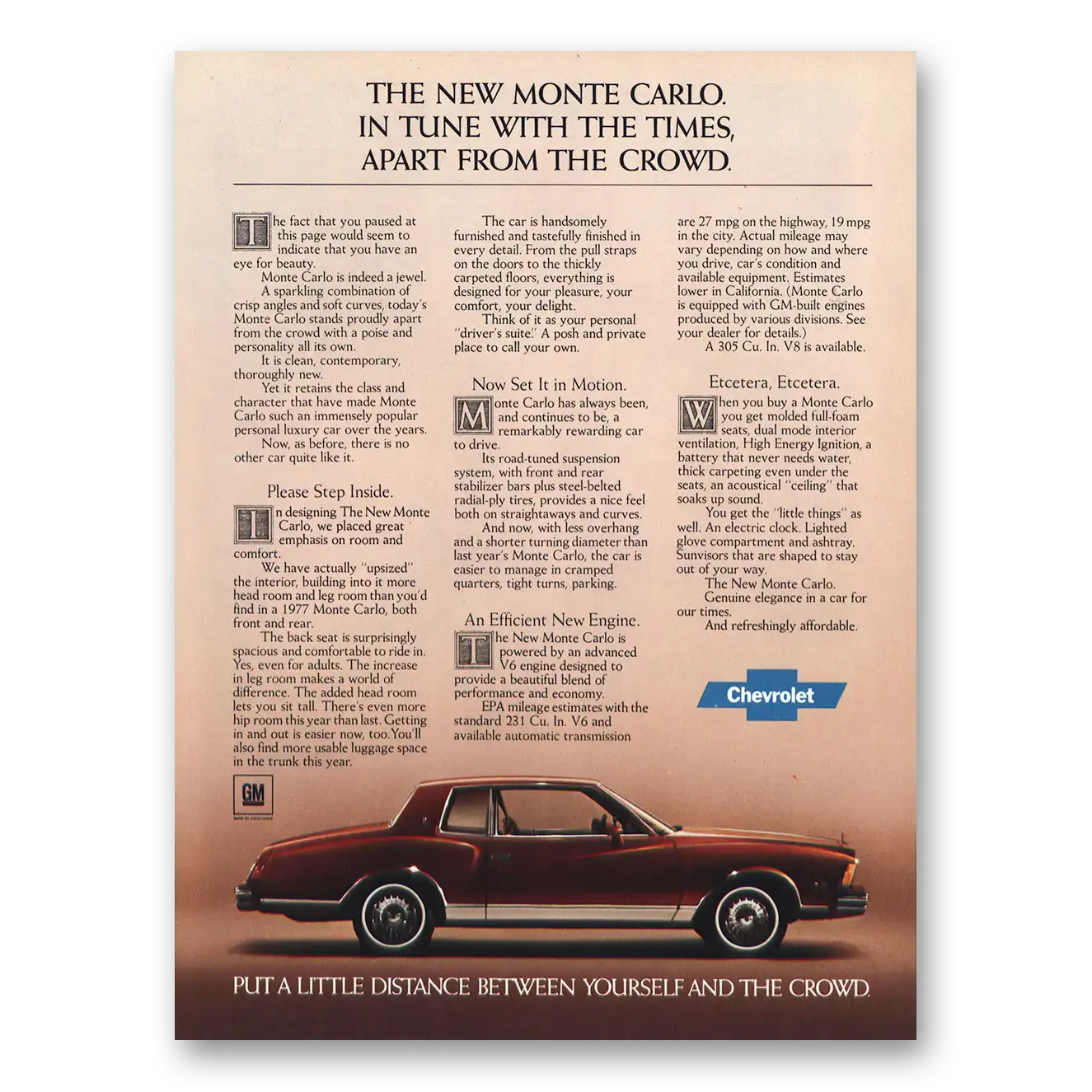 1978 Chevrolet Monte Carlo In Tune With the Times Vintage Magazine Print Ad