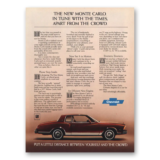 1978 Chevrolet Monte Carlo In Tune With the Times Vintage Magazine Print Ad