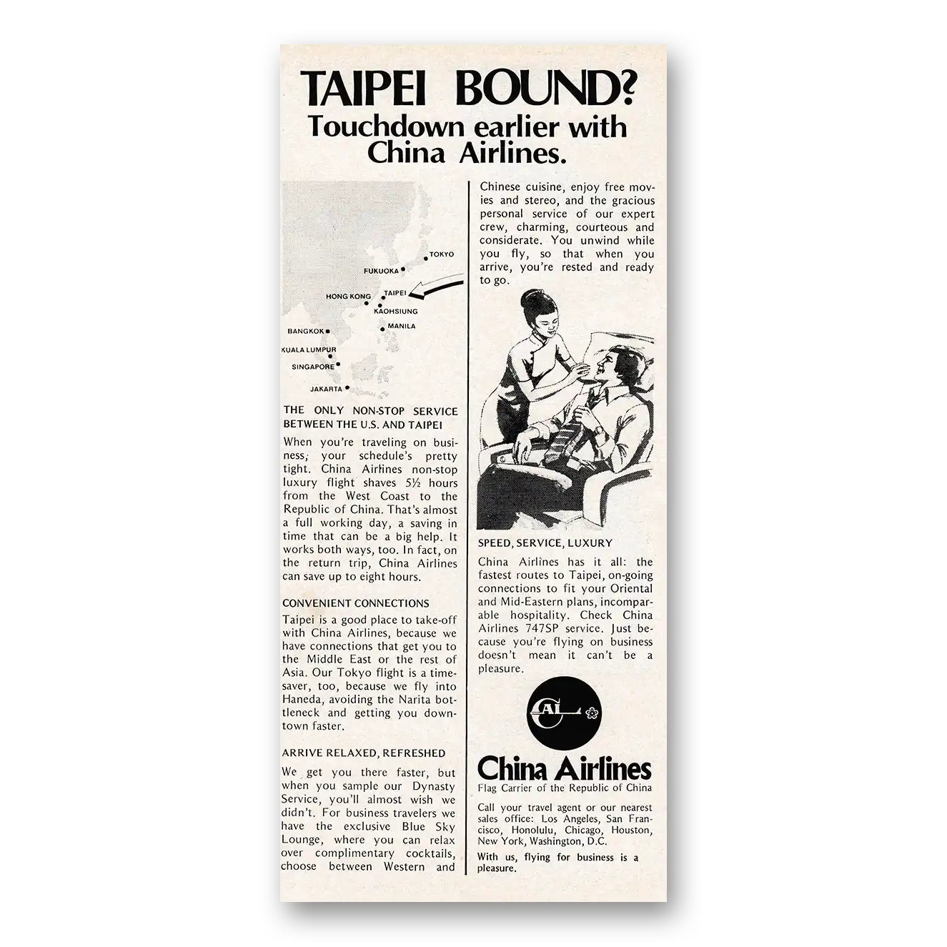 1979 China Airlines Taipei Bound Touchdown Earlier Vintage Magazine Print Ad