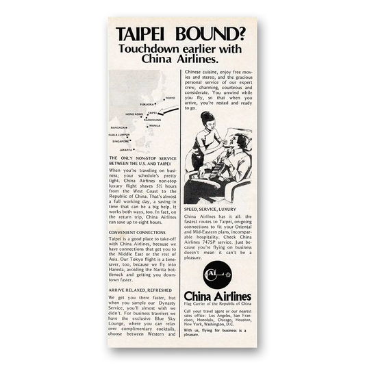 1979 China Airlines Taipei Bound Touchdown Earlier Vintage Magazine Print Ad