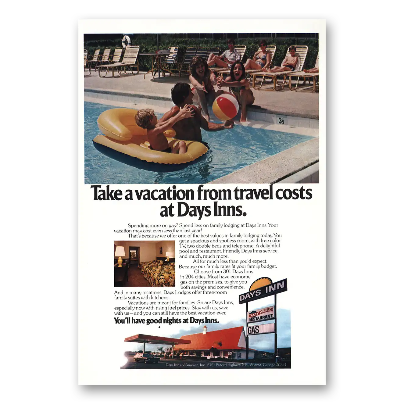 1979 Days Inn Take a Vacation from Travel Costs Vintage Magazine Print Ad