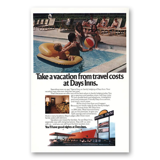 1979 Days Inn Take a Vacation from Travel Costs Vintage Magazine Print Ad