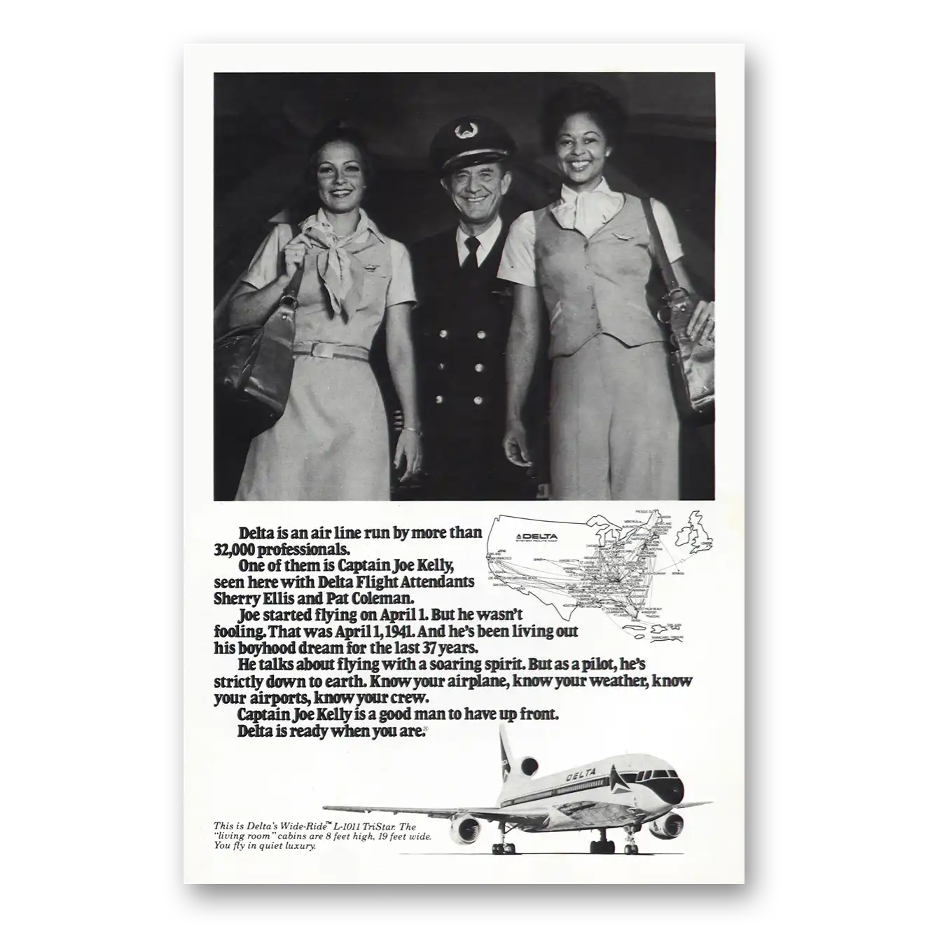 1979 Delta Air Lines Captain Joe Kelly Sherry Ellis Vintage Magazine Print Ad