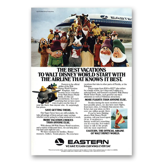 1979 Eastern Airlines Best Vacations Disney World Vintage Magazine Print Ad