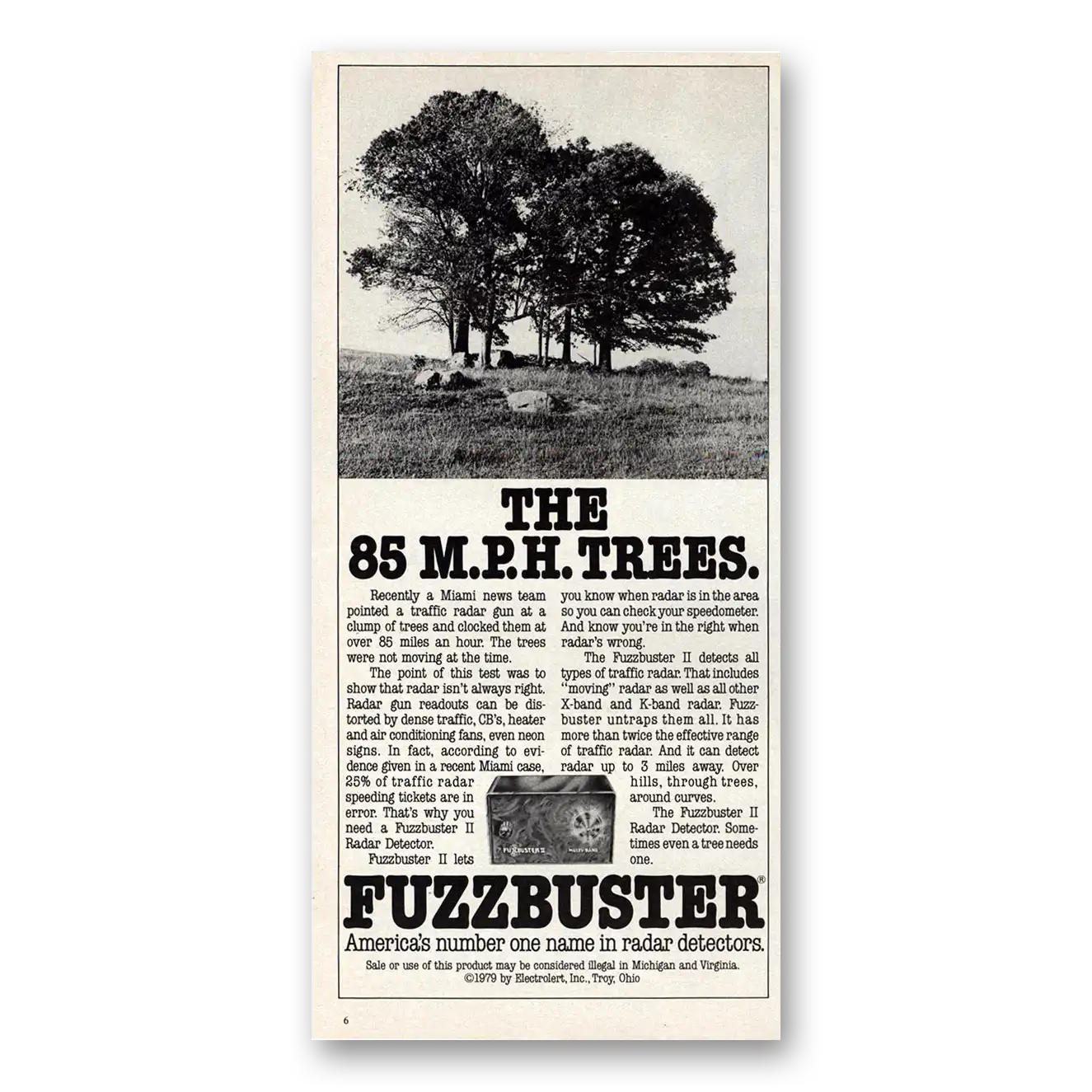 1979 Fuzzbuster 85 MPH Trees Vintage Magazine Print Ad